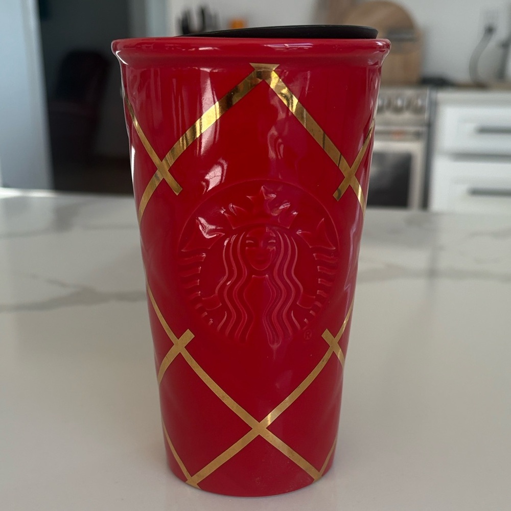 Starbucks 2016 Red Gold Diamond Holiday Ceramic Travel‎ Mug Cup 10oz with Lid